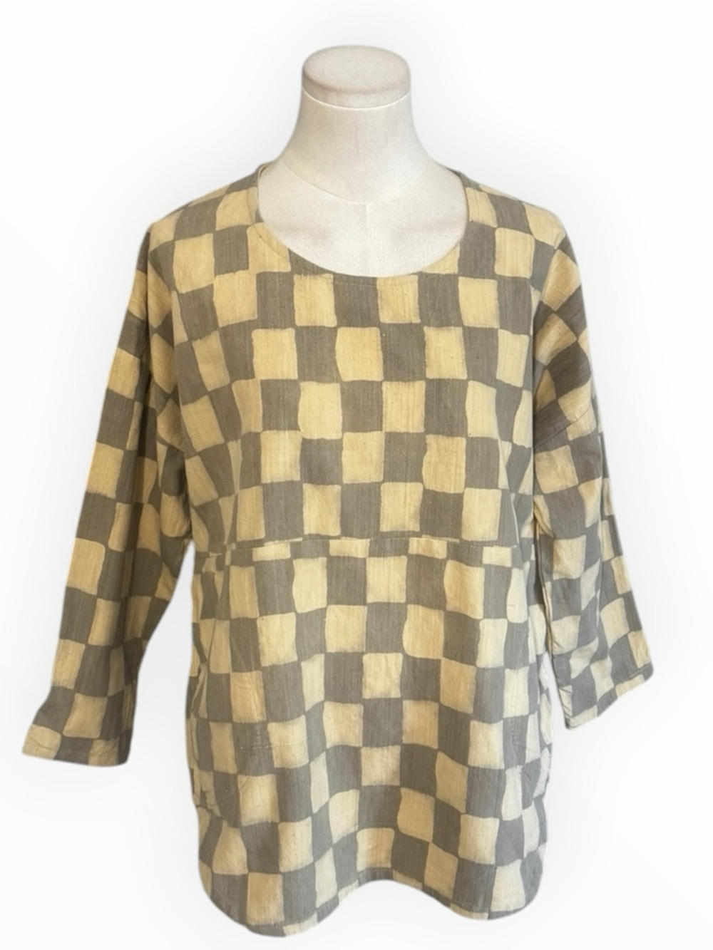 PO-EM Cotton Scoop Neck 2/3 Sleeves Sala Square Block-Print XS
